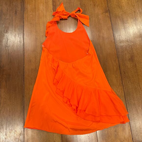 Alice + Olivia Silk Halter Backless Mini Dress Asymmetrical Ruffle Orange Sz Med - Picture 13 of 13